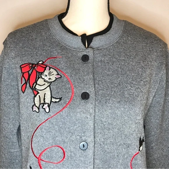 Vintage Holiday Embroidery Kitty Ugly Sweater Christmas Button Festive 90's Y2K - Picture 3 of 16